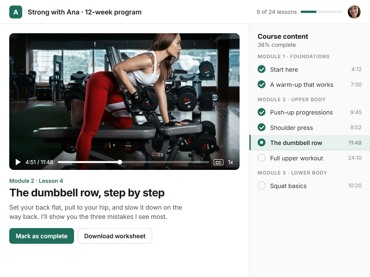 A video lesson on the dumbbell row from a 12-week workout program, with the lesson list beside it