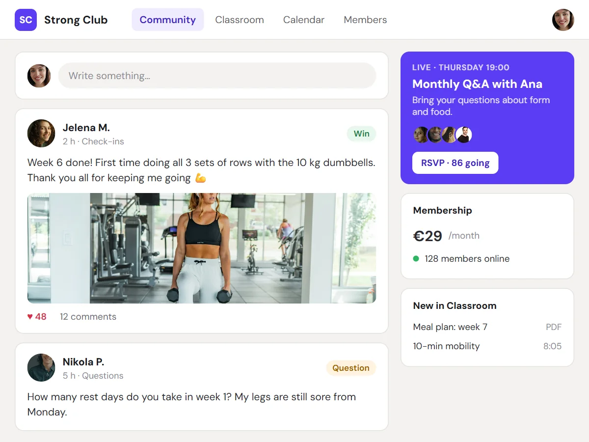 A paid members community with member posts and a monthly live Q&A